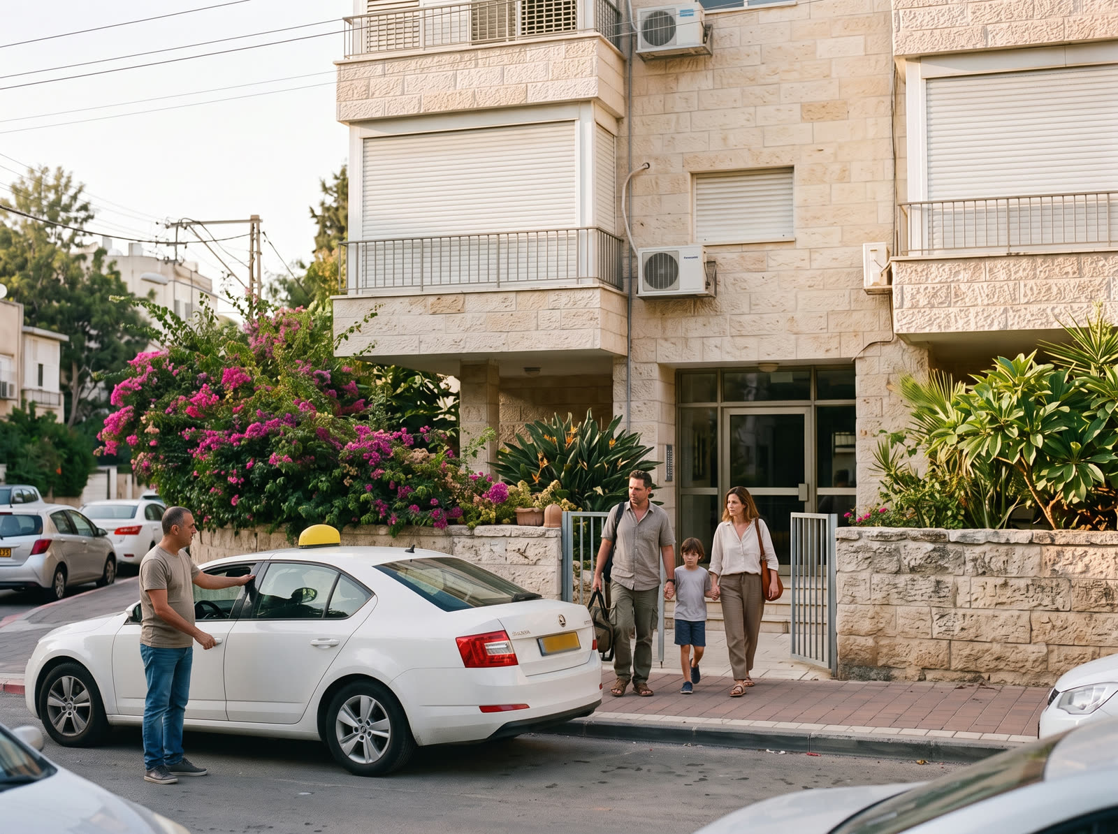 נהג המונית ליד מונית לבנה מול כניסה לבניין מגורים, ומשפחה עם ילד יוצאת לקראתו